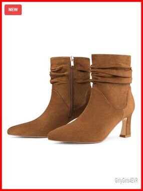 Women's Slouchy Ankle Boots Faux Suede Block Heel Pointed Toe Zip Booties